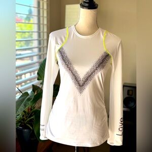 Lucky in Love White, Neon, and Black Graphic Long Sleeve top. Size S, Excellent